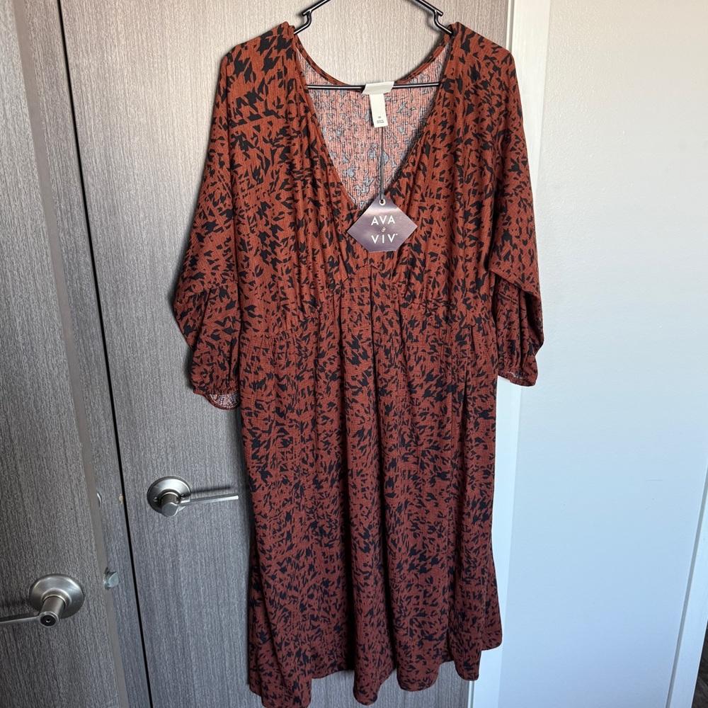 Ava & Viv Terracotta Long Sleeve Dress with Black Pattern